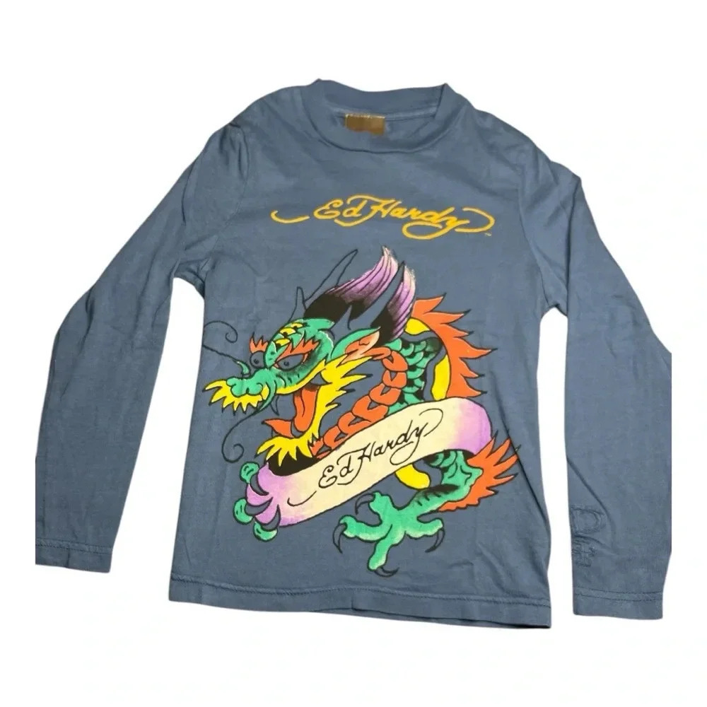 🆕Ed Hardy Kids Dragon Graphic Long Sleeve Shirt - Blue size 2 Kids